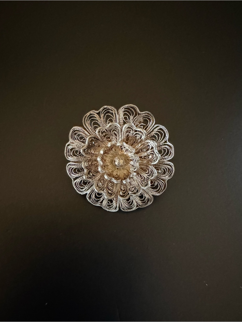 Antique Silver Filigree Flower Brooch C Clasp 3D Floral Pin
